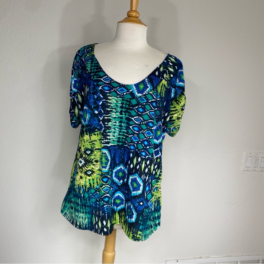Forever Jade Women's Blue Green Abstract Aztec Scoop Neck T-Shirt Size 3X Boho